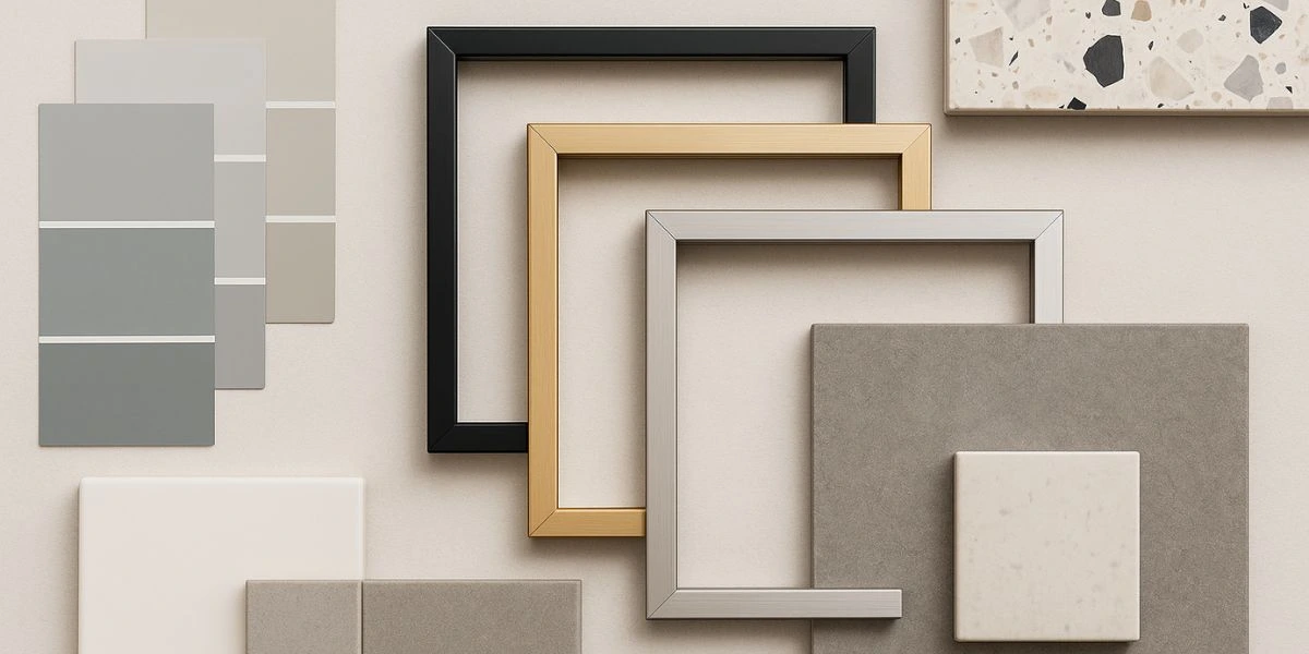 Interior design board showing metal mirror finish samples with material swatches