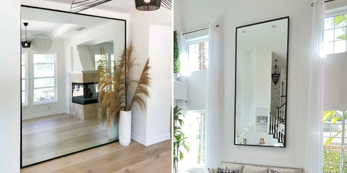 Contractor installing a thin metal mirror flush against white subway tile