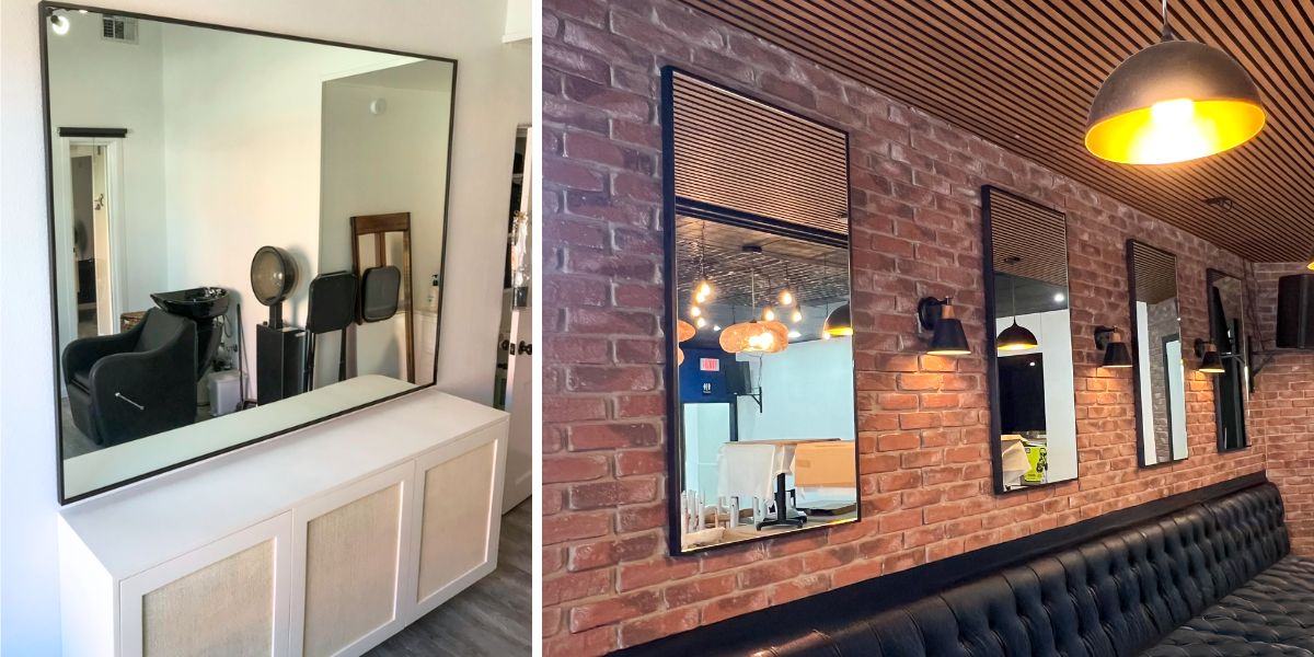 Boutique salon interior and restaurant with matching thin black mirrors at each station