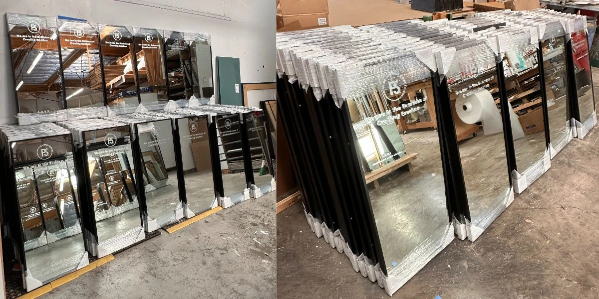 Stack of thin metal mirrors packaged for commercial shipment in new construction housing