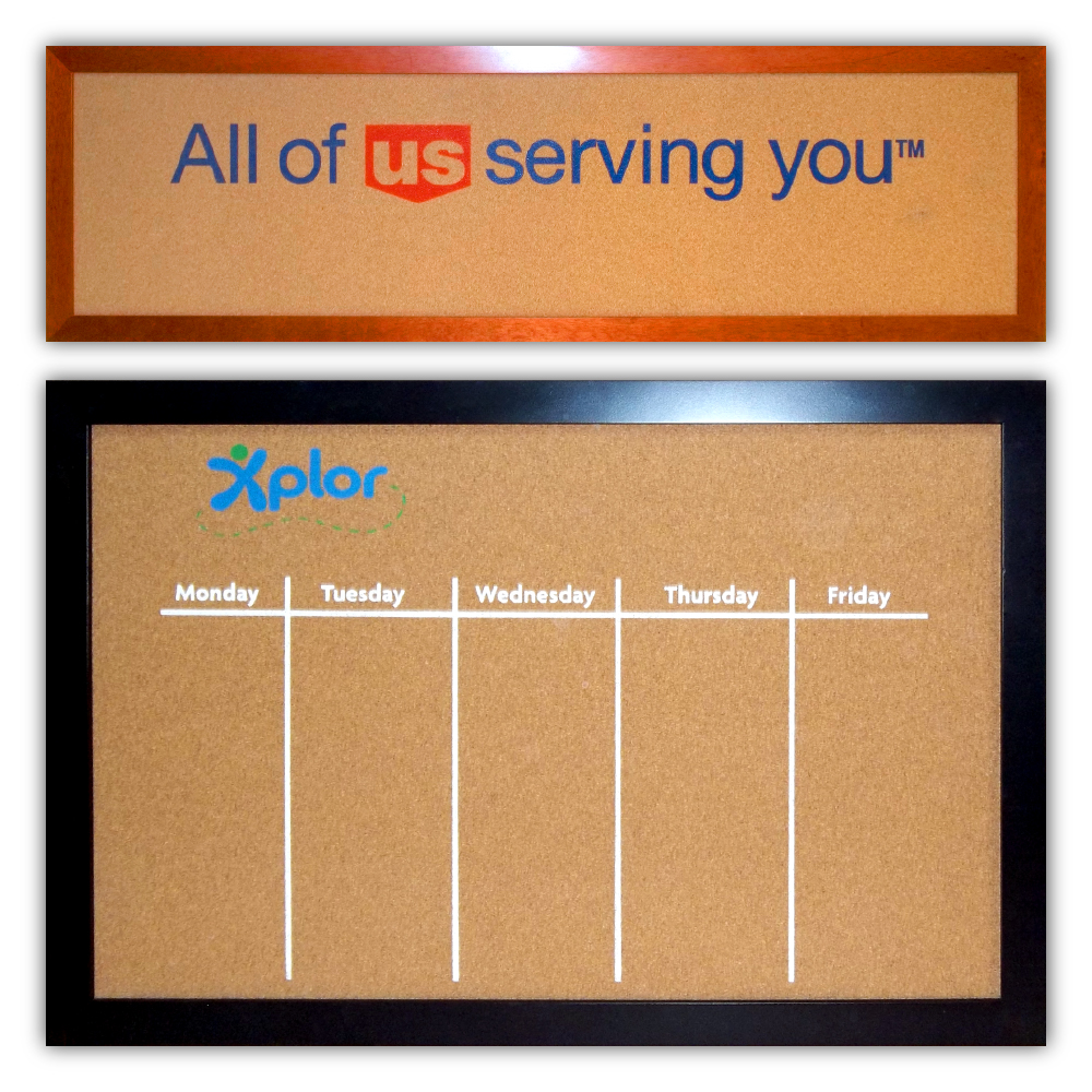 Custom printed cork board with a company message