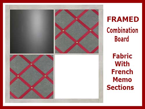 create a framed combination board and use a fabric wrapped French bulletin 
    memo cork board with ribbon as a section of the combination.