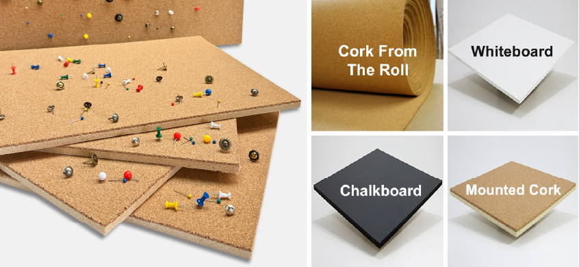 Frameless cork, chalkboard, and whiteboard sheet material