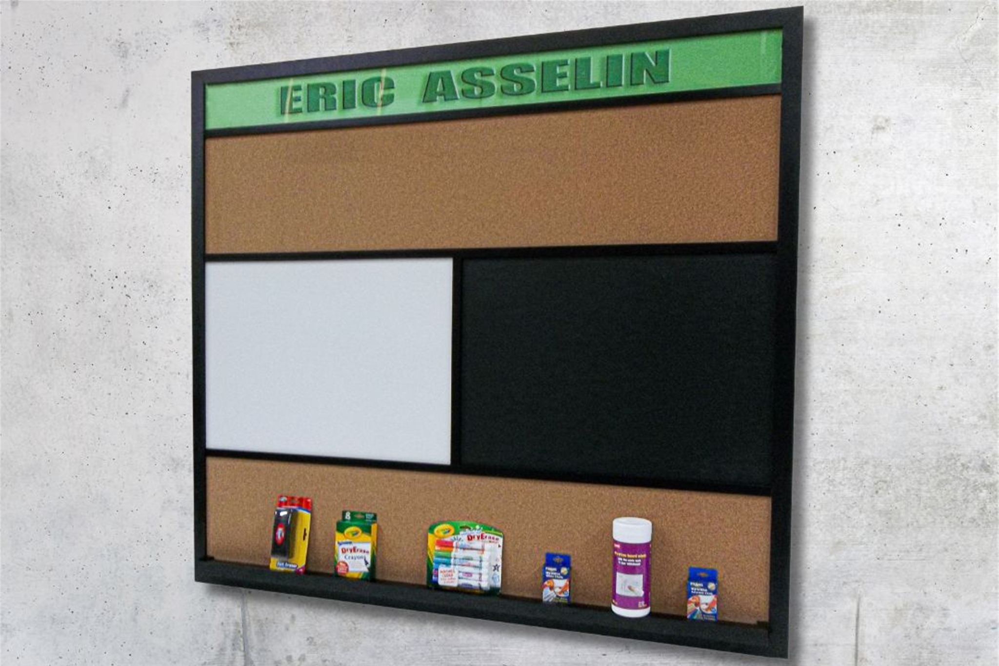 Custom combination board with a personalized header adds style and function to any space.