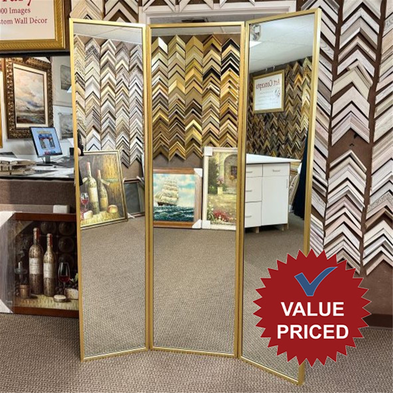 WM1000 - Custom 3 Panel Mirrors - Gold, Silver, Champagne, Brass, White & Black - Value Priced